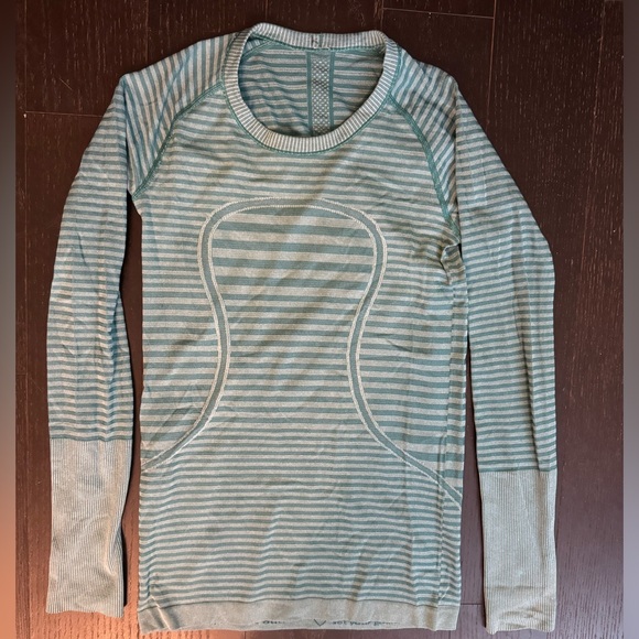 VINTAGE LULULEMON Swiftly Tech long sleeve green teal stripe thumb holes (6) - Picture 2 of 2
